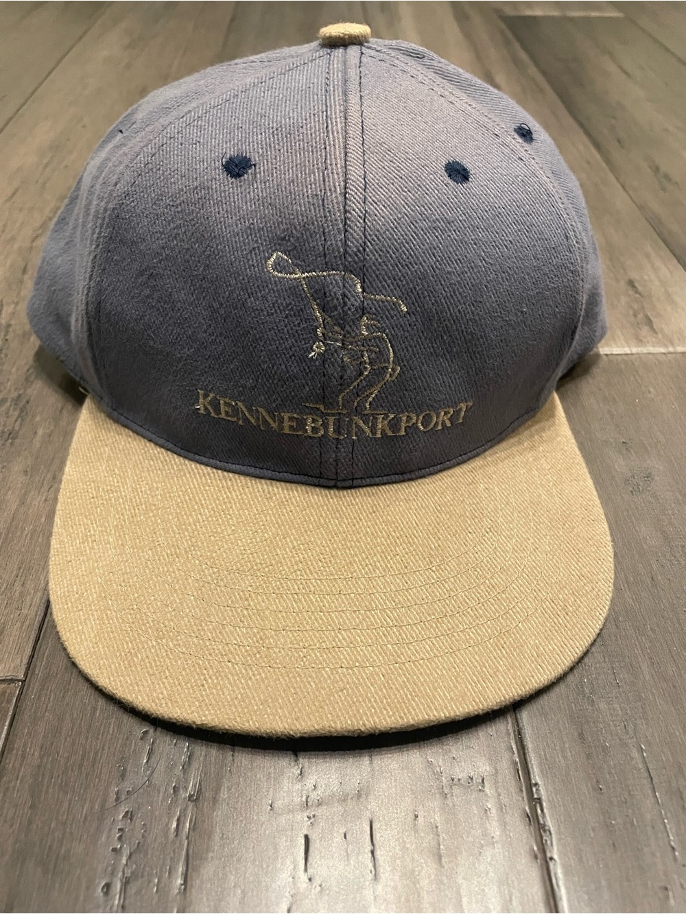 Vintage Kennebunkport Maine Fishing Snapback Hat Blue Tan Two Tone USA Cap
